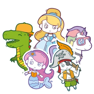 Dino, dinosaurus, eenhoorn, piraten, zeemeermin, prinsessen. Thema's voor de kinderfeestjes van De Feestdoos waarbij kinderen knutselen en een speurtocht doen. Alles uit één doos.