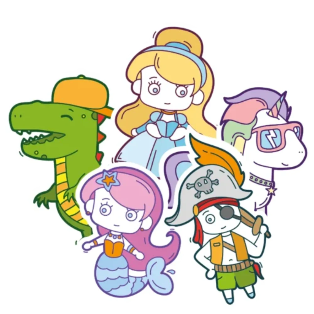 Dino, dinosaurus, eenhoorn, piraten, zeemeermin, prinsessen. Thema's voor de kinderfeestjes van De Feestdoos waarbij kinderen knutselen en een speurtocht doen. Alles uit één doos.