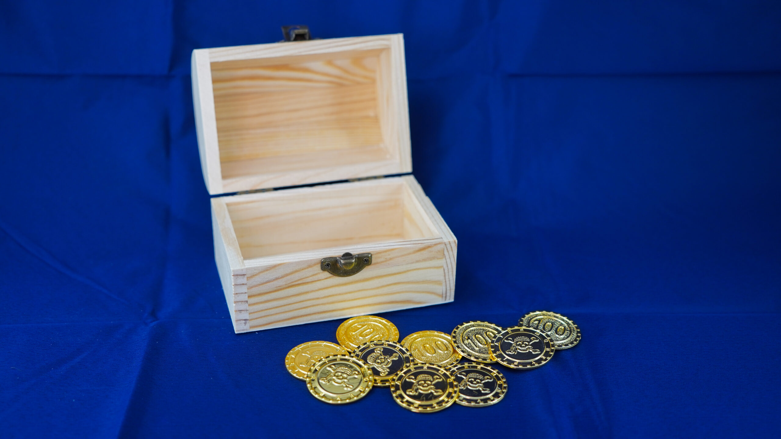 Schatkist van De Feestdoos. Open met munten ervoor